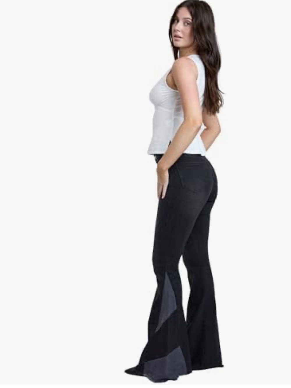 Never worn YMI Black Flare Jeans with Dark Patch Panels. M